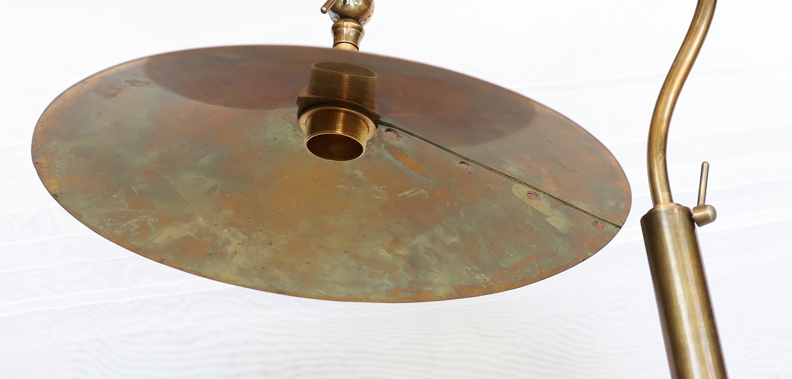 An Edwardian style bronzed metal telescopic lamp standard with adjustable shade, height 169cm